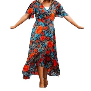 Abel the Label Fantasy Floral Maxi Dress Size Medium High Low Hem Tropical Green